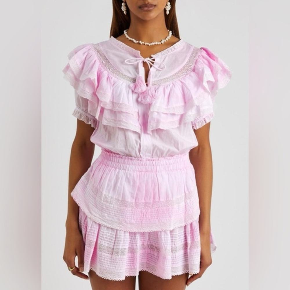 LoveShackFancy Women's XL Pink Eyelet Ruffle Mini Dress